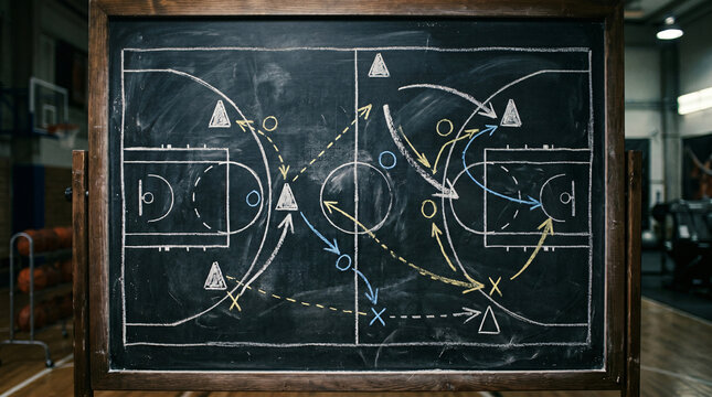 Coach drawing sports strategy on chalkboard
