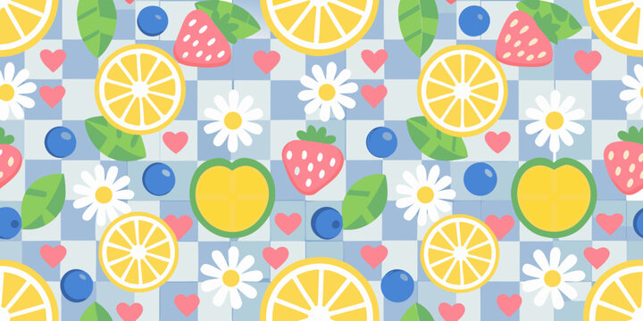 fruit pattern with lemons strawberries blueberries and flowers