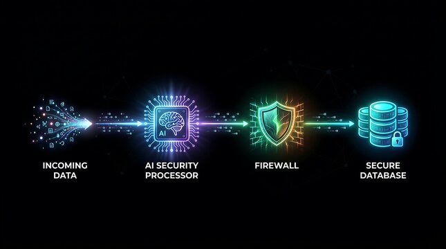 Ai cybersecurity system processing incoming data with firewall and secure database
