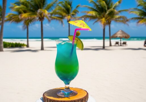A tropical cocktail with a colorful umbrella on a sunny beach with palm trees