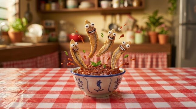 Animated ikan bilis fried anchovies with googly eyes and smiles leaping from a bowl of spicy red sambal chili sauce on a checkered tablecloth in a home kitchen environment.