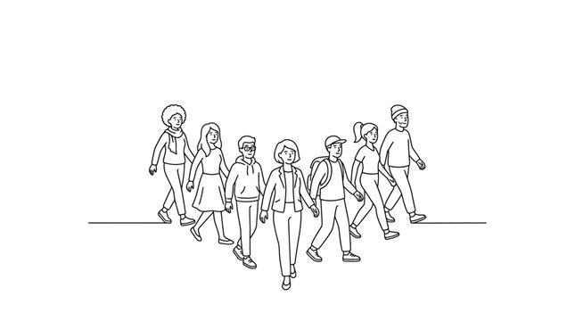 A diverse group of students and a teacher walking together in a line.