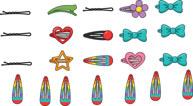 Cute Hair Clip and Barrette Collection Vector Illustration Featuring Rainbow Pins Hearts Flowers and Fashion Accessories