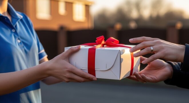 A courier wearing gloves hands a fragile package with care to a recipient outdoors.