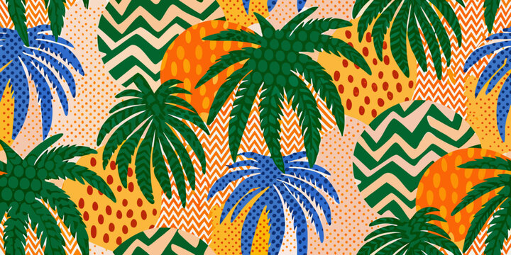 tropical palm leaves pattern vibrant geometric illustration