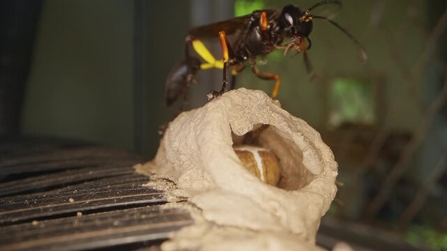 Macro Close Up of Potter Wasp Sealing Mud Nest Entrance With Larva Cocoon Inside, Tropical Insect Parenting and Survival Behavior