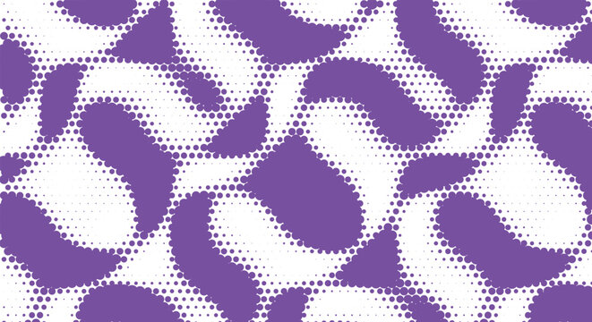 Abstract purple and white halftone dots pattern. fading spotted gradient, wavy organic camouflage shapes, pop art stipple texture. for trendy comic layouts, modern overlays. stock vector.