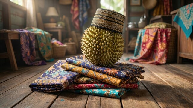 Whole spiky durian fruit wearing a traditional black and gold songkok hat placed on a stack of colorful patterned batik fabrics inside a rustic wooden house interior.