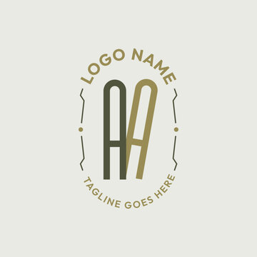 AA Letter Monogram Logo Design, Letter AA Logo Elegant Olive Green Gold Oval Badge Template
