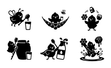 Cute Chick and Bee Vector Icons: Honey, Milk, and Sweet Treats Collection, 6 Graphic Elements for Food and Beverage Branding © Farzana