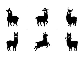 Charming Llama Silhouettes Collection, Six Playful Vector Icons for Greeting Cards and Apparel Design, Black and White Animal Graphics © Rakib