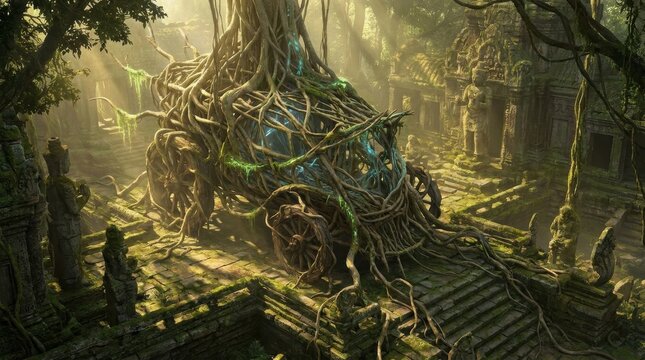 Fantasy carriage made of banyan tree roots in an ancient jungle temple with sunbeams and magical blue light inside the structure surrounded by stone ruins and mossy statues.