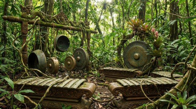 Ornate traditional Indonesian gamelan ensemble with bronze gongs and carved metallophones covered in moss and vines, situated in a dense tropical rainforest with sunlight.