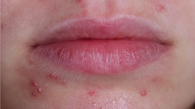 High-Resolution Medical Illustration of Herpes Simplex Virus Infection Showing Cold Sore Outbreak, Viral Skin Disease, Dermatology Healthcare Concept and Microscopic HSV Particles