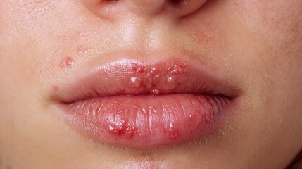 Obraz premium High-Resolution Medical Illustration of Herpes Simplex Virus Infection Showing Cold Sore Outbreak, Viral Skin Disease, Dermatology Healthcare Concept and Microscopic HSV Particles