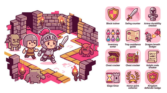 Pixel art dungeon adventure scene featuring chibi knight and squire fighting monsters, paired with a set of 12 game user interface icons for inventory, skills, and status tracking.