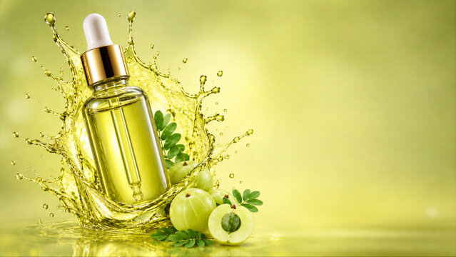 Amla cosmetic oil banner with dropper bottle, splash and Indian gooseberry. For hair care ads, face oil promotion, beauty branding and skincare websites.