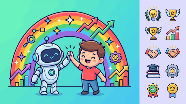Vector illustration of a cute chibi AI robot and a young man giving a high-five in front of a colorful rainbow with growth arrows, achievement symbols and success icons for collaboration.