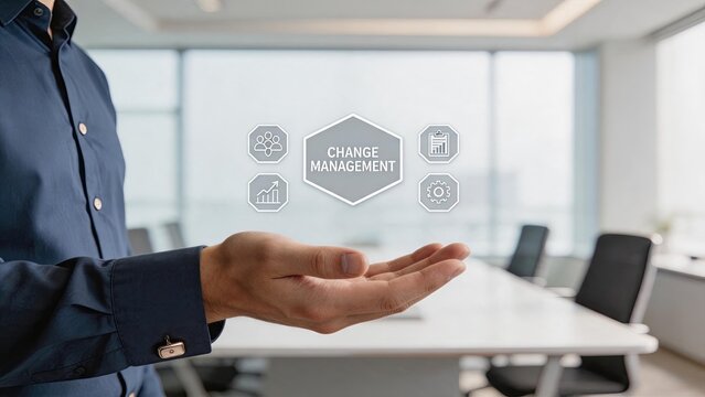 Change management concept, businessman hand holding virtual interface, corporate strategy, digital transformation, leadership, organizational development, innovation, future