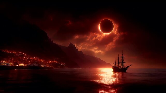 Eclipse, fantasy, mysterious, supernatural. A vivid portrayal of a serene coastal town at sunset. The sky is painted with a radiant red hue, depicting a total solar eclipse.