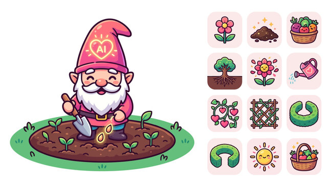 Flat vector illustration of a cute chibi garden gnome planting glowing seeds in a soil patch with sprouts, including icons for watering can, sun, flowers, and vegetable baskets.