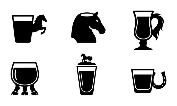 Horse Silhouette Icons in Drinkware, Equestrian & Beverage Set, Vector Graphics