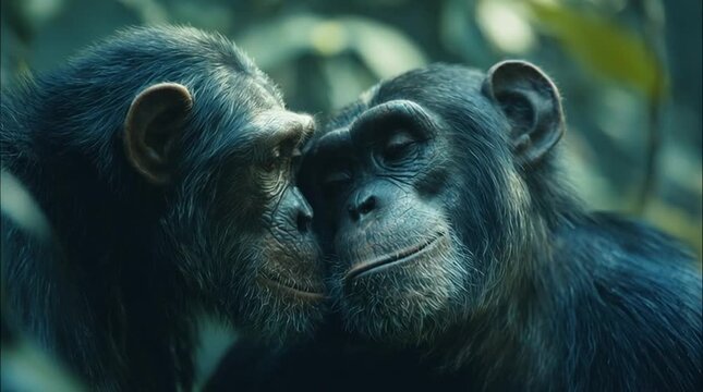 Close-up of chimpanzees grooming each other in lush natural forest habitat, soft filtered sunlight through canopy, intimate and candid documentary moment, realistic wildlife photography.
