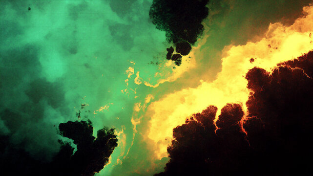 Dramatic geological landscape with flowing lava and mineral deposits in teal and orange tones. Natural earth background for environmental design, editorial, science, travel, and landscape projects.