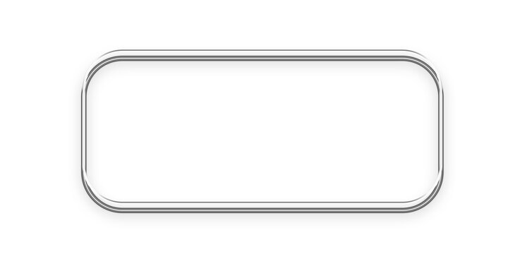 Realistic silver metallic rounded rectangle frame on white background. Clean chrome horizontal border banner template. ,blank white square button