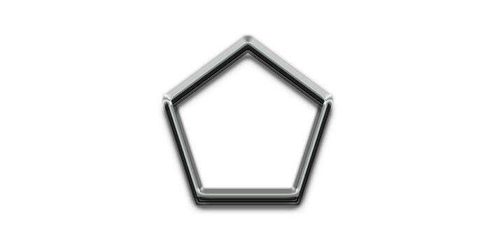 3d silver metal frame, 3D silver metallic pentagon frame isolated on white background. Realistic chrome geometric border banner with drop shadow .ideal for modern logos, badges, tech templates.