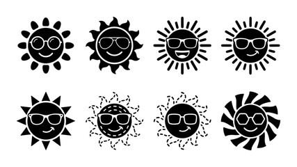 Set of 8 Black Sun Icons with Sunglasses, Smiling Faces, Vector Graphics for Summer and Weather Themes © Hasibur