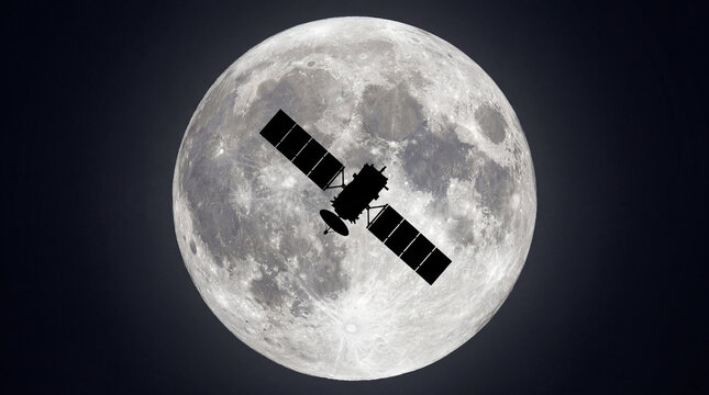 Satellite Silhouette Passing in Front of Full Moon in Night Sky