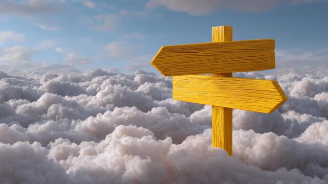 Wooden arrow signpost above sea of clouds