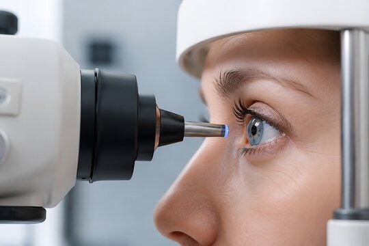 Close-up of a woman undergoing eye examination with tonometer machine, measuring intraocular pressure for glaucoma check, ophthalmology concept.