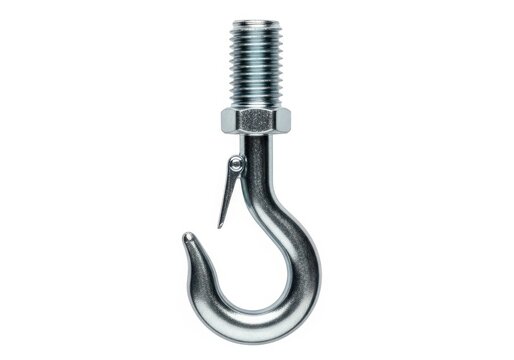 A close-up view of a threaded eye bolt with a hexagonal nut