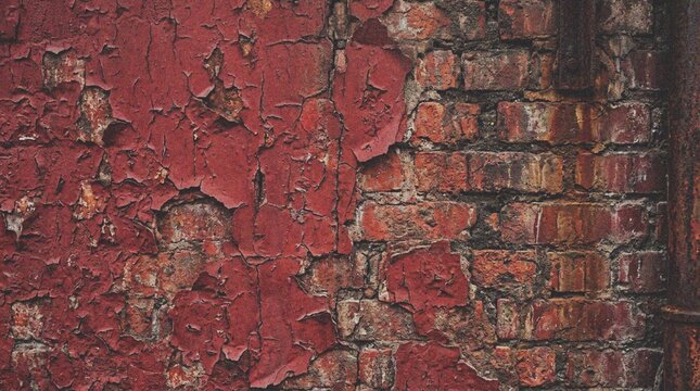 Peeling Red Paint on Weathered Brick Wall Texture Background.