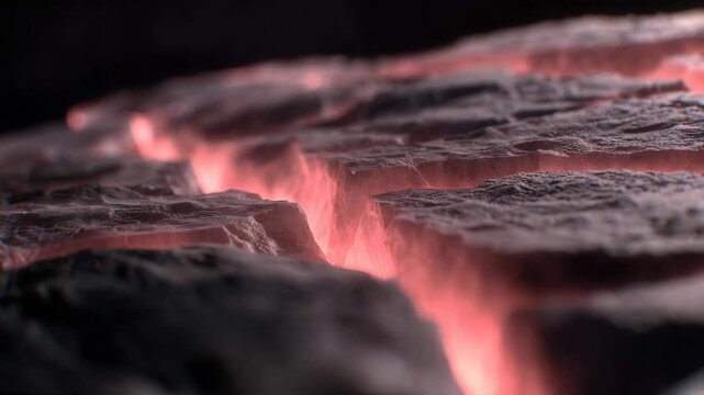 Glowing molten cracks in rugged rock shown in macro style on dark backdrop, concept of energy and heat intensity