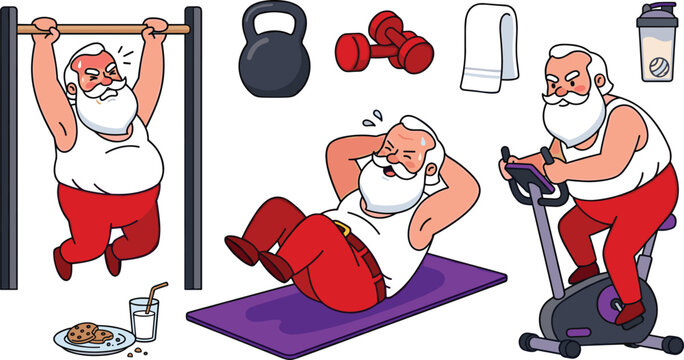 Funny Santa Claus Gym Fitness Workout Vector Element Set with Pull Ups, Crunches, Stationary Bicycle, and Kettlebell for Christmas Holiday Healthy Lifestyle Designs