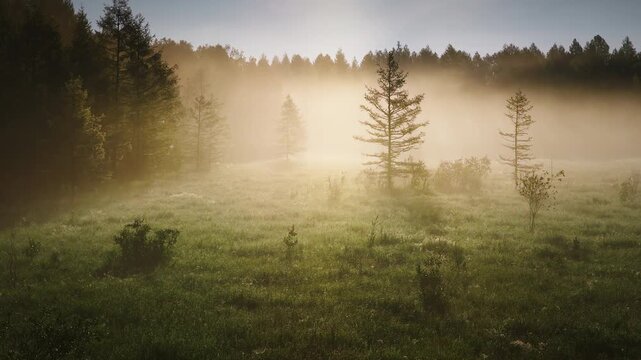 Sunlight Penetrating Morning Mist in Forest Meadow