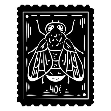 Vintage postage stamp design featuring a detailed fly illustration