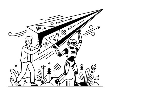 A man and a robot working together to launch a large paper airplane.