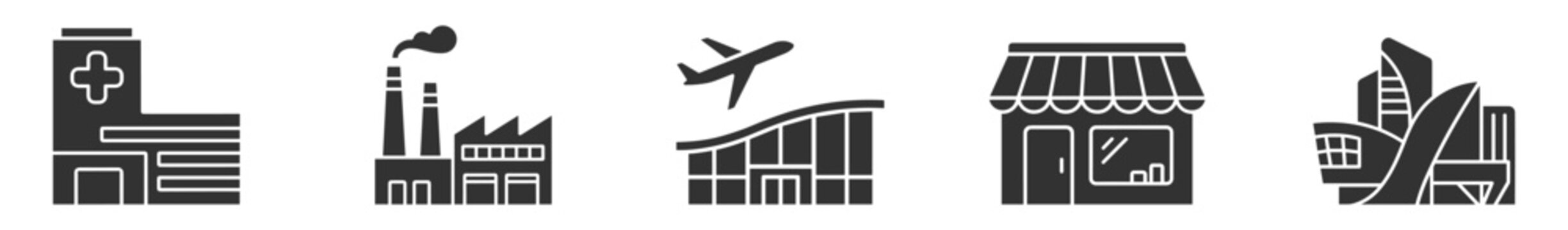 set of business and urban building icons including hospital factory airport store and skyscraper on transparent background