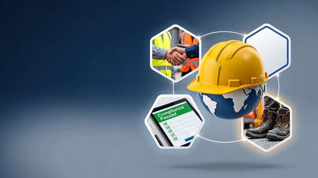 Helmet with globe and safety tiles showing safety and checklist icons, global compliance network, workplace protection, work safety