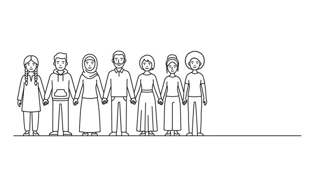 Diverse group of people holding hands together line art illustration.