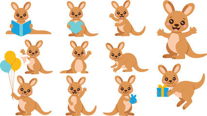Obraz premium Cute Kangaroo Cartoon Character Vector Set with Cheerful Poses, Balloons, Book, and Gift Box for Kids Storybooks, Greeting Cards, and Baby Shower Designs