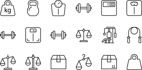 Weight and fitness scale vector icons set with dumbbell kettlebell balance scale jump rope box and gym training line art illustrations © monjurul
