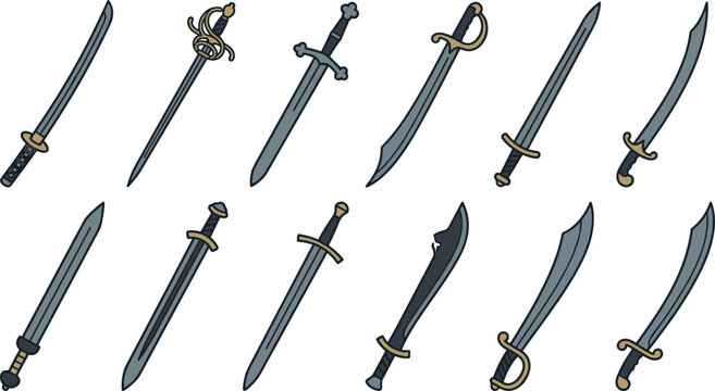 Historical and Fantasy Weapon Sword Vector Illustration Set with Katana, Rapier, Scimitar, and Medieval Longblades for Gaming Interface and Graphic Designs