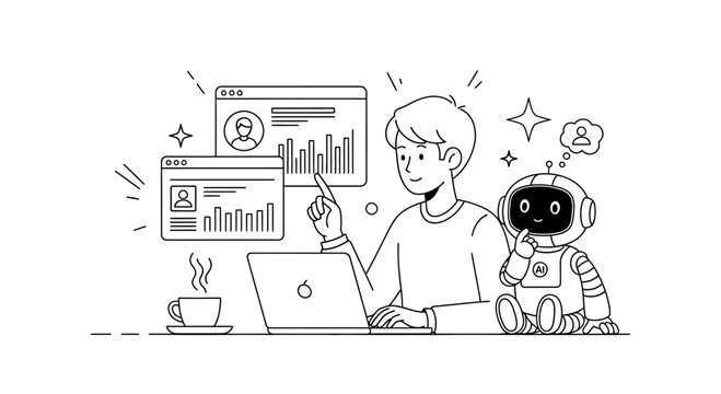 A young professional man working on a laptop with a cute robot assistant.