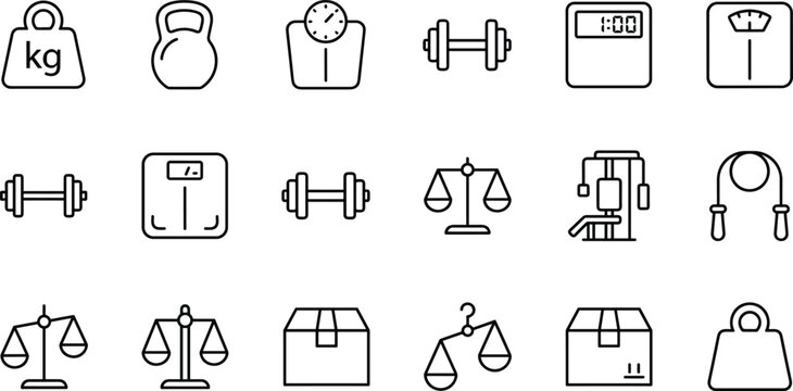 Weight and fitness scale vector icons set with dumbbell kettlebell balance scale jump rope box and gym training line art illustrations