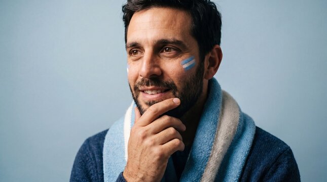 Emotional male supporter of the Argentina national team wearing a blue and white scarf and face paint against a blue background